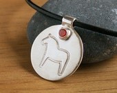 Swedish Dala Horse Necklace large handmade recycled Fine Silver modern pendant orange CZ cubic zirconia accent on black leather cord