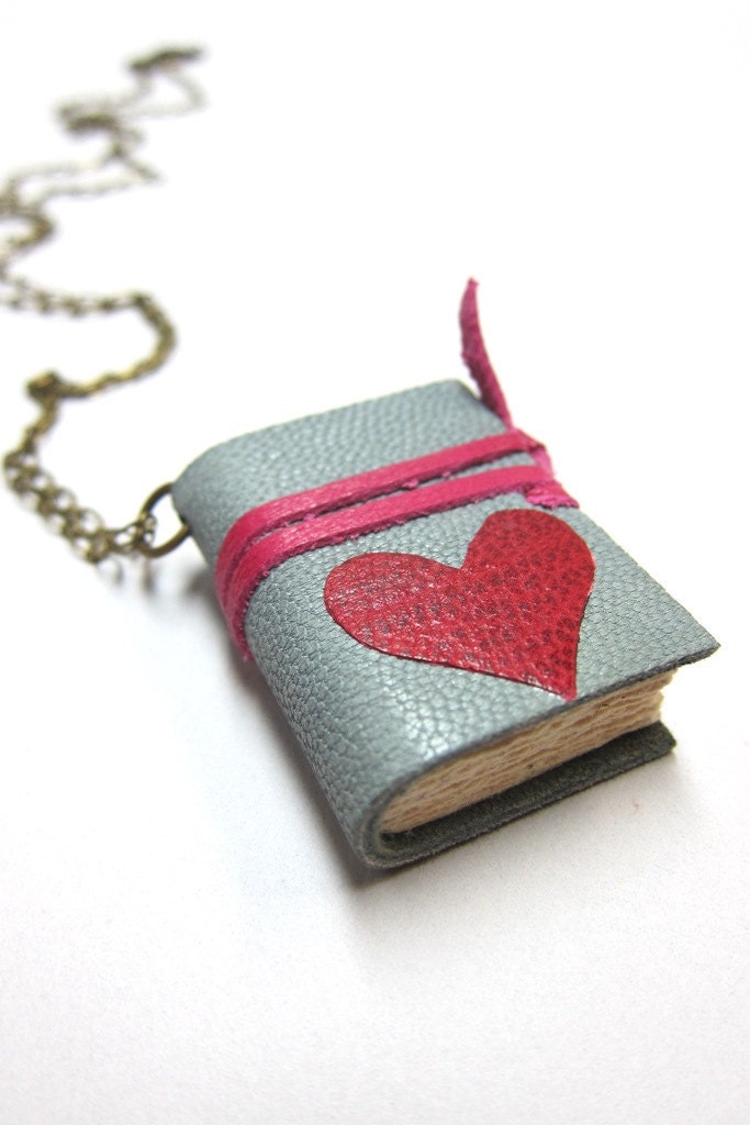 Light Gray Leather Book Necklace with Red Heart