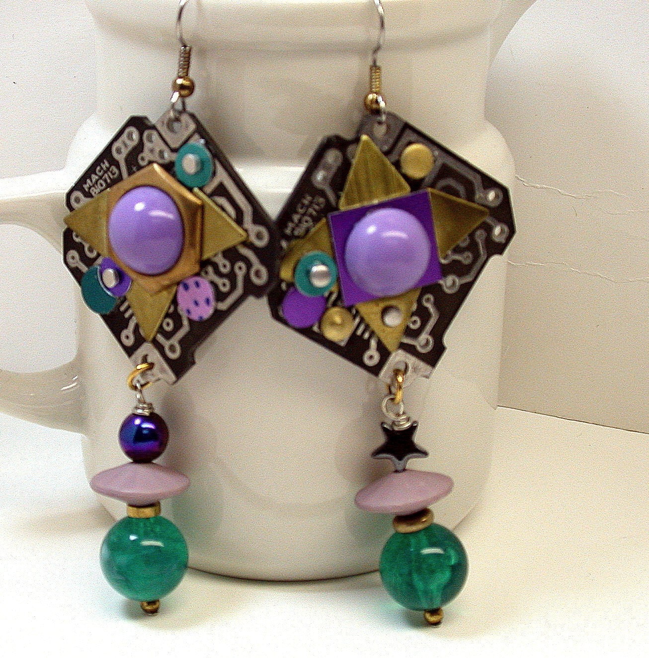Recycled Black CIRCUIT BOARD Steampunk Earrings VINTAGE Teal Purple Beads