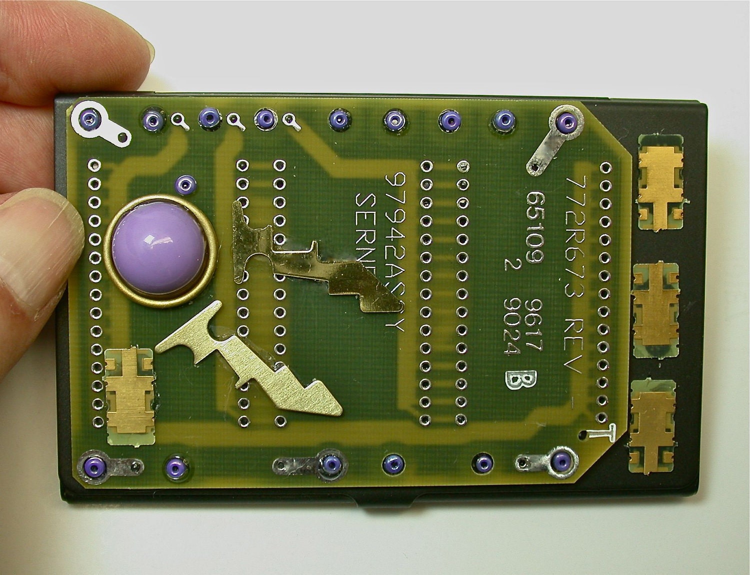 Recycled CIRCUIT BOARD Business Card Holder Vintage Black Metal Purple Stone