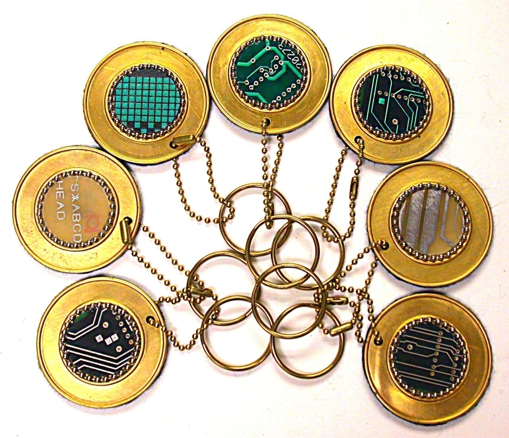 RECYCLED CIRCUIT BOARD KEY CHAIN with BRASS  Repurposed GEEKERY for your home car or office  