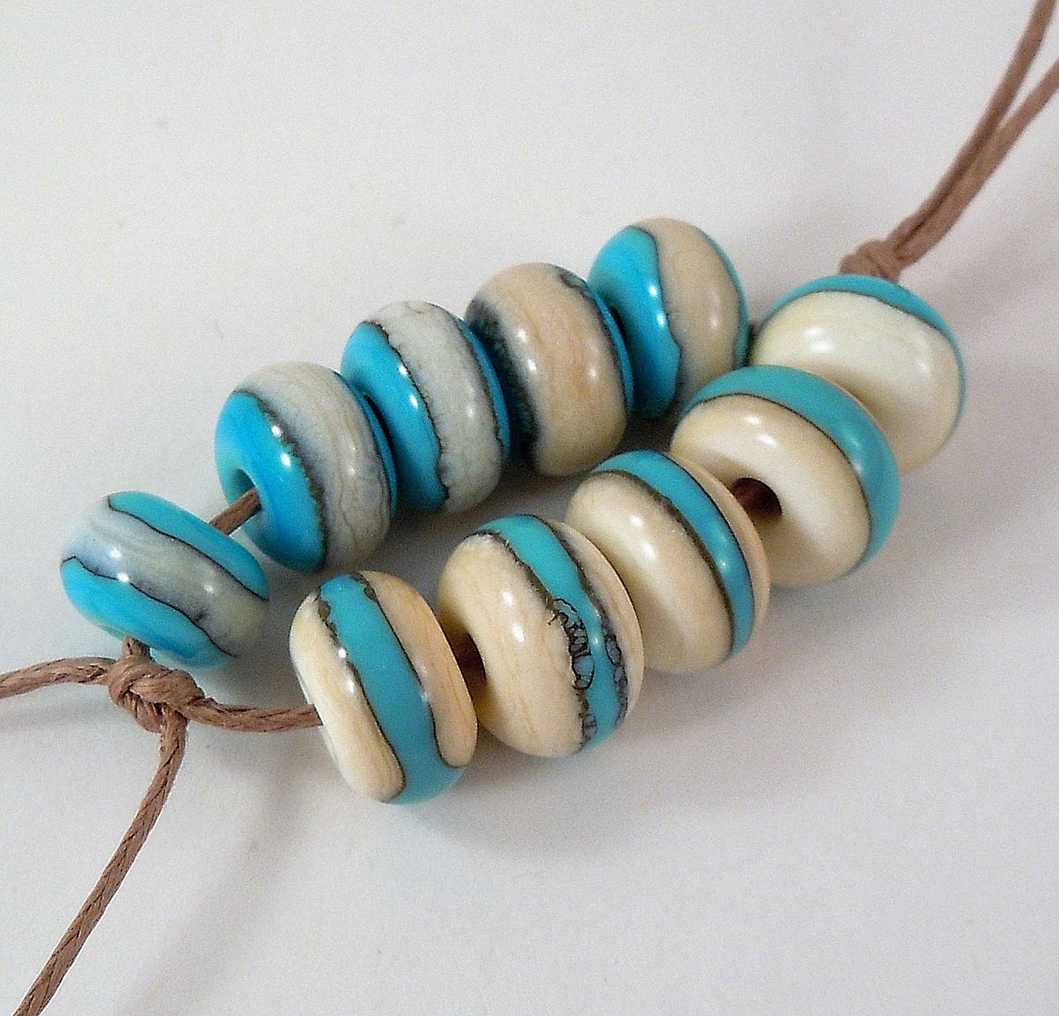 Turquoise and Ivory Stripes -Lampwork Accent Beads