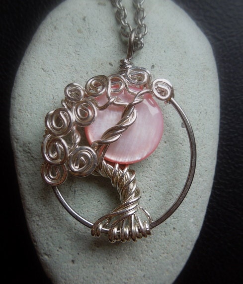 Pink Moon Mother of Pearl in a Tree Necklace Sterling Silver