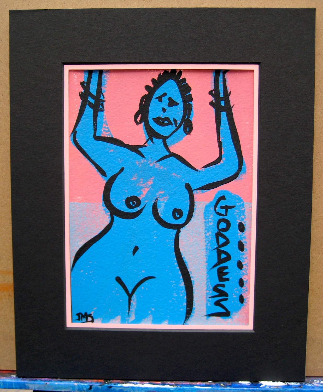 Original Art Blue Girl: "Goddess" Double Matted and Ready to Frame