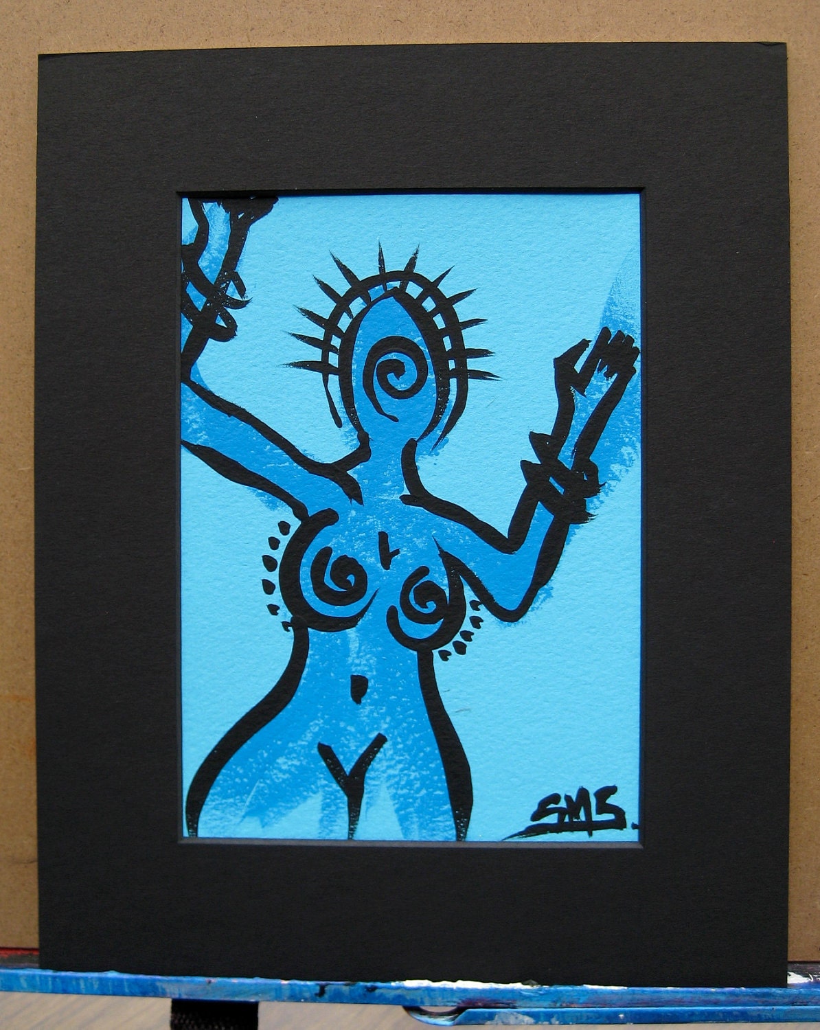 Original Art Blue Girl: "Whirl" Matted and Ready to Frame