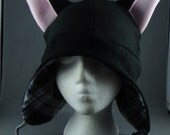 School Girl AVIATOR Black Grey Lined Plaid Kitty Cat Earflap Pom Pom Fleece Beanie Hat Cosplay Anime Lolita Gothic Rave Punk Cute