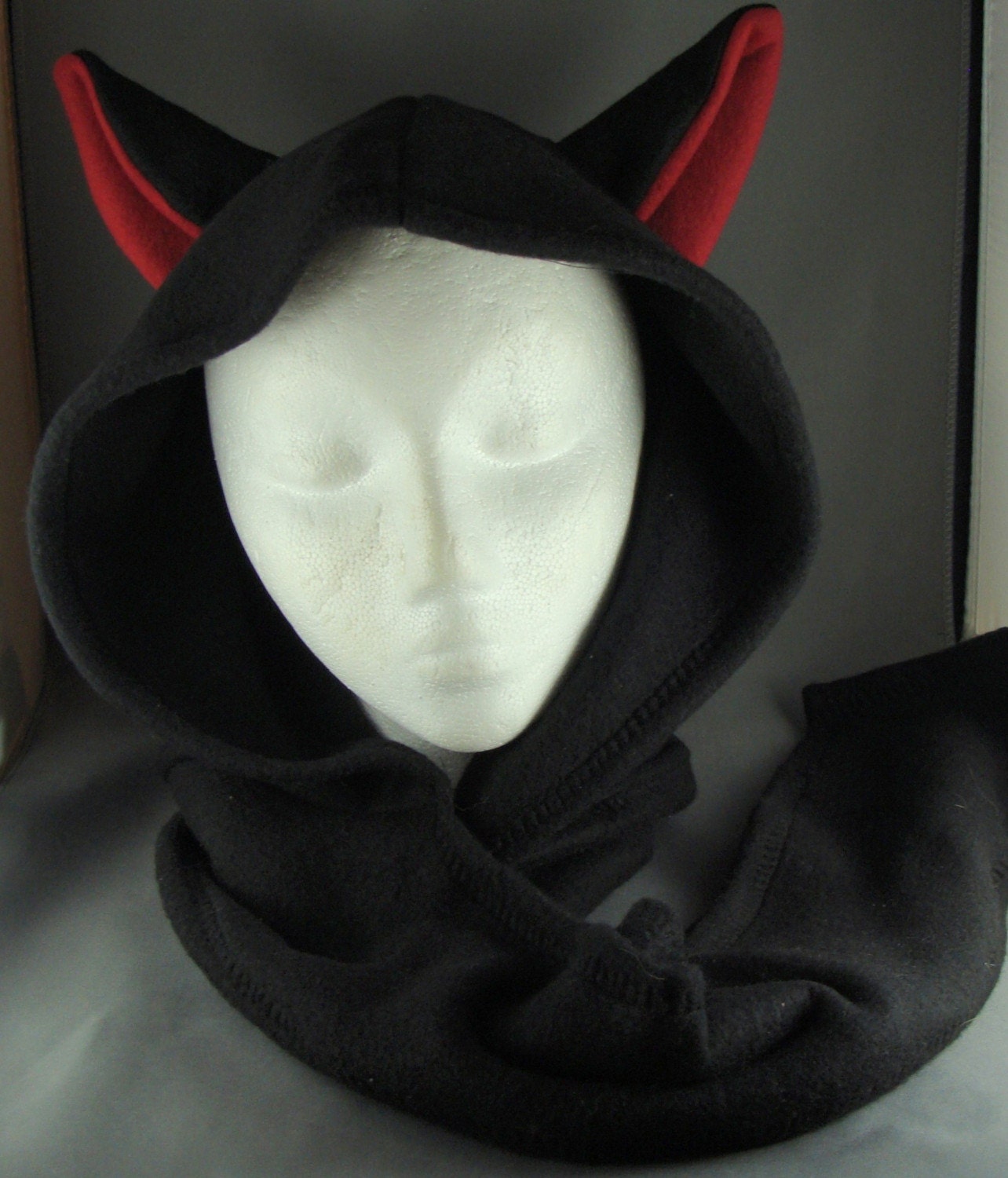 Black Cat Red Ears Hoodie Scarf Animal Fleece Hat Cosplay Gothic Anime Skiing Snowboarding Winter Punk Rave