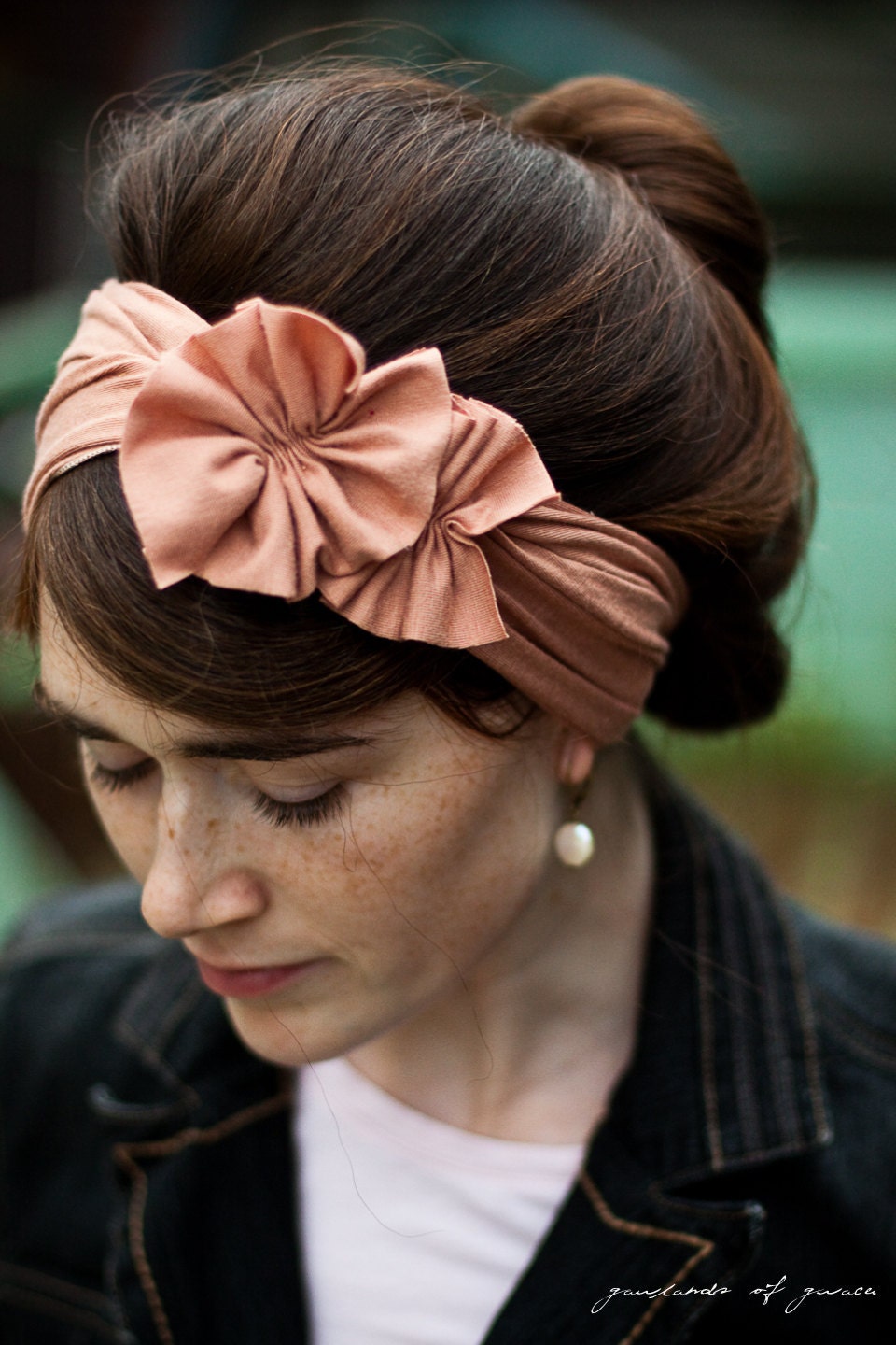 Nutmeg stretch Rosette wrap headband covering-- Garlands of Grace Autumn and wintertime.