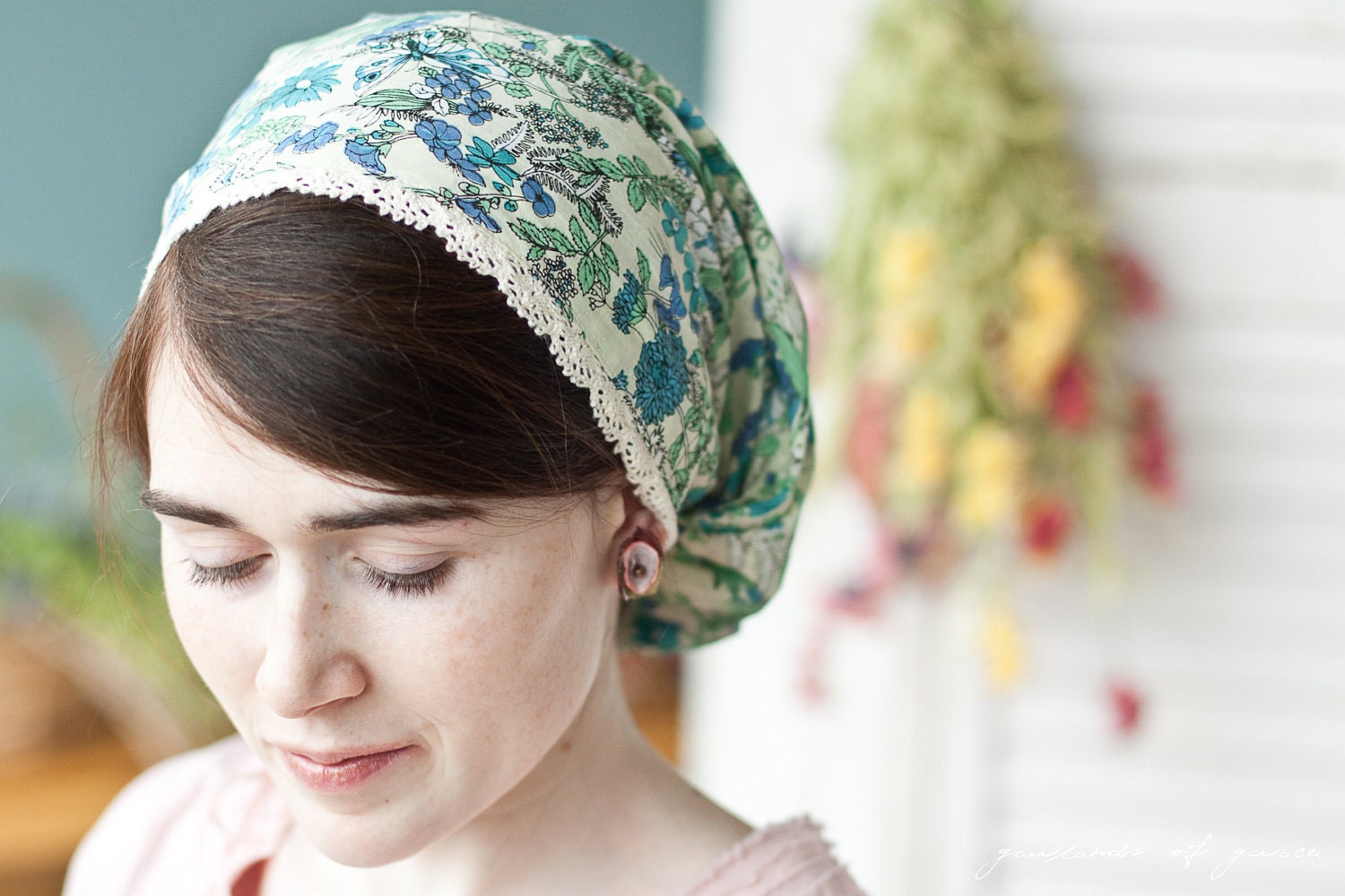 Cotton lace and Juniper flowers victorian snood headcovering veil hair scarf in blue