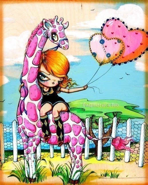 Happy Zoo Ride Said the Pink Giraffe-Little Big Eyed Girl and her Balloons-Pinkytoast Art Print-8x10