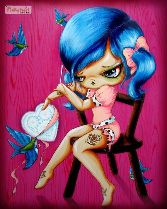 Big Eyed Tattoo Chair Girl-Blue Bird and Valentine-Pinkytoast Art Print 8x10