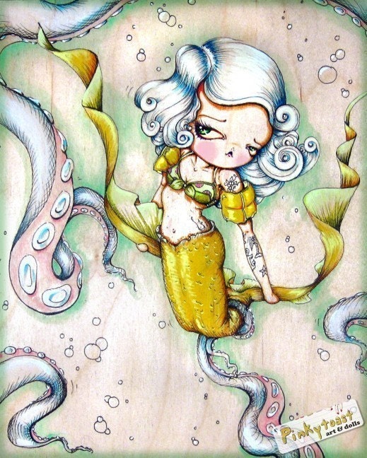 Mermaid Fights the Octopus-Or Tattoo Pinup in Swimmies hugs a Cephalopod-Pinkytoast Art Print