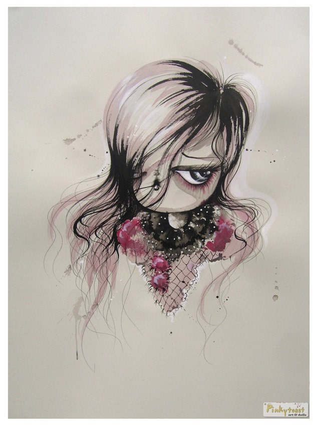 Original Painting-Inky Portrait-She Wears Melancholy Hair-Big Eyed Girl in Lace-Pinkytoast Art 22x30 inches