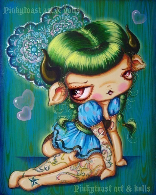 Sweet Tattoo Devil in a Blue Dress-Pinkytoast Art Print 8x10