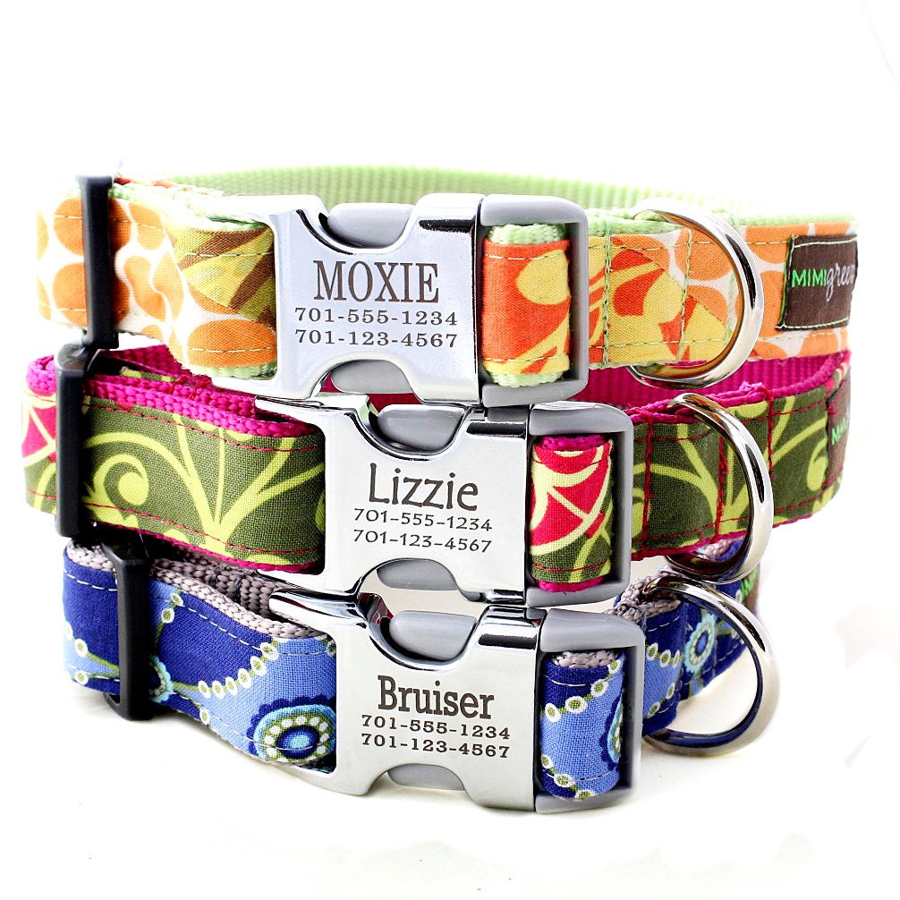 Personalized Lazer Engraved Metal Buckle Dog Collar - 17 Classic Cotton styles to choose from