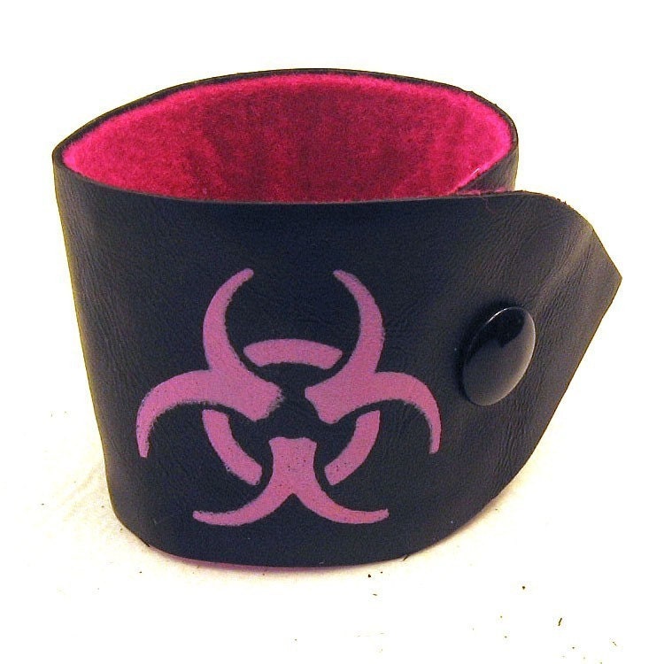 BIOHAZARD CUFF - Black leather with PINK symbol - or green blue orange girls accessories pink biohazard bracelet custom colors under25