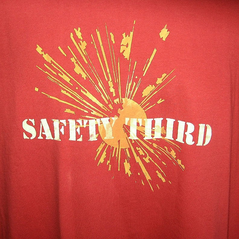 Explosion SAFETY THIRD Tshirt -- safety 3rd Mens tshirt Red & Orange or Brown and Orange masculine under25 etsybrc