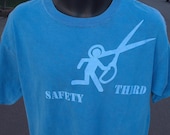 Running with Scissors SAFETY THIRD  Tee Shirt - Stonewashed Mens Bue tshirt Medium ONLY Safety 3rd shirt Stick Man Runs Burning man clothing