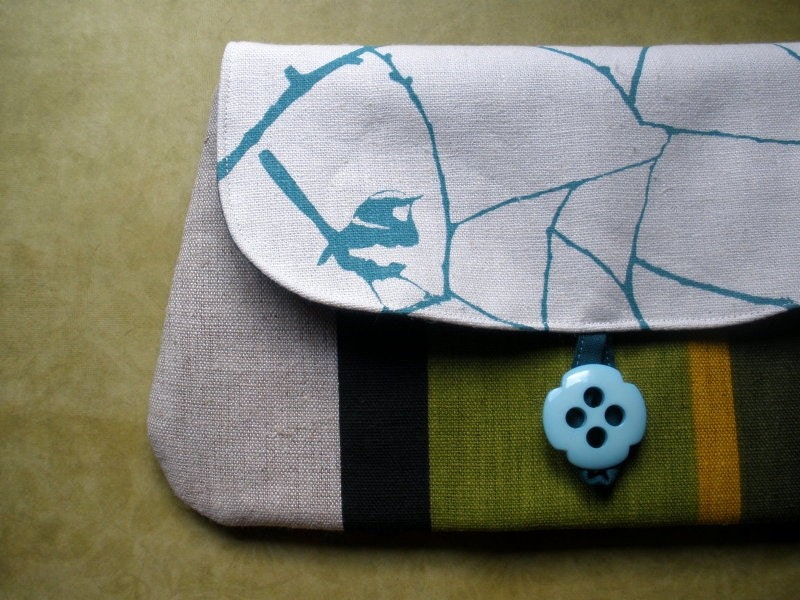 Blue Wrens Clutch - on Vintage Linen Canvas