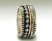 Sterling silver wedding band with gold and flowers silver spinners - Reve de femme