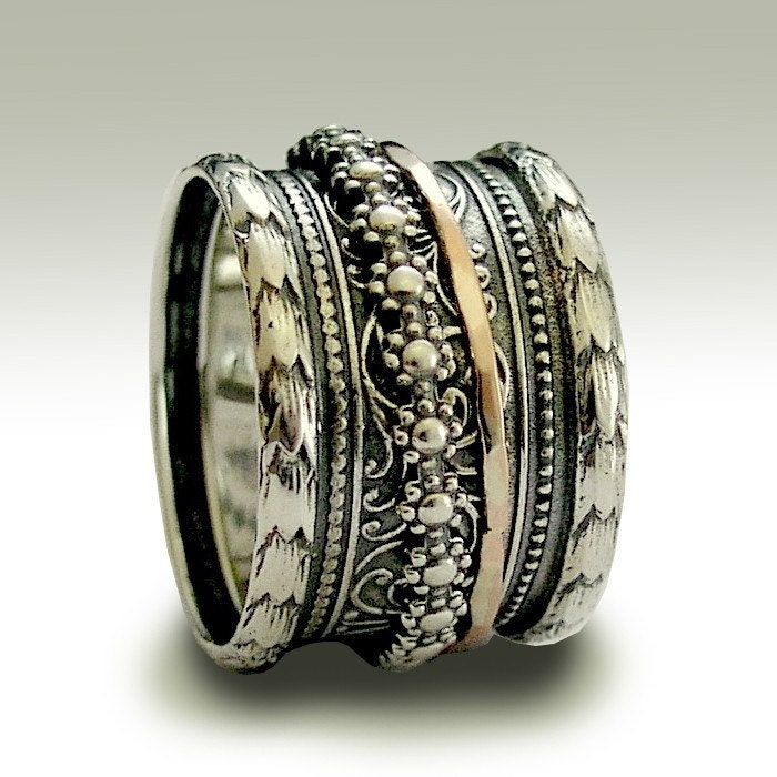 Sterling silver oxidized band with silver and gold spinners - It's okay to believe