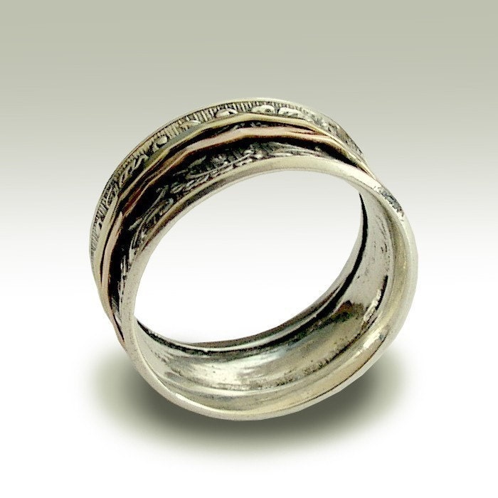 Sterling silver band with filigree deisgn and yellow and rose gold spinners - Ghost of my joy