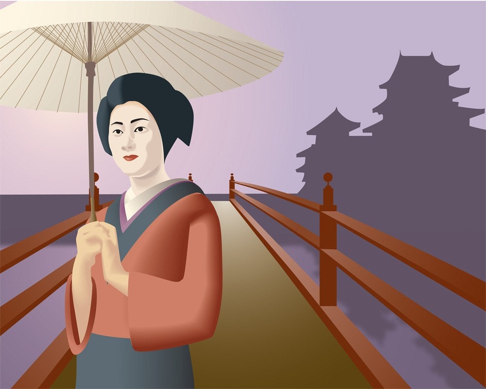 Geisha Kyoto, 8 x 10 Art Print Japan Digital Peaceful Temple Bridge Purple Lavendar Lilac Parasol Calm Morning