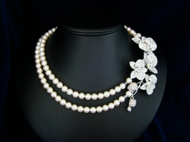Bridal Necklace Pearl Wedding Necklace Orchid Flower Rhinestone Crystal Bridal Jewelry Statement - The Opulent Orchid
