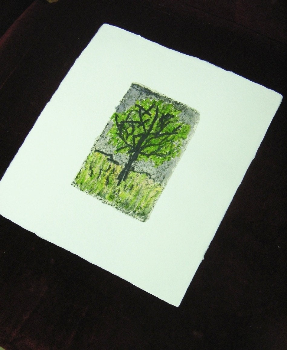 japanese washi monotype and watercolor tree painting