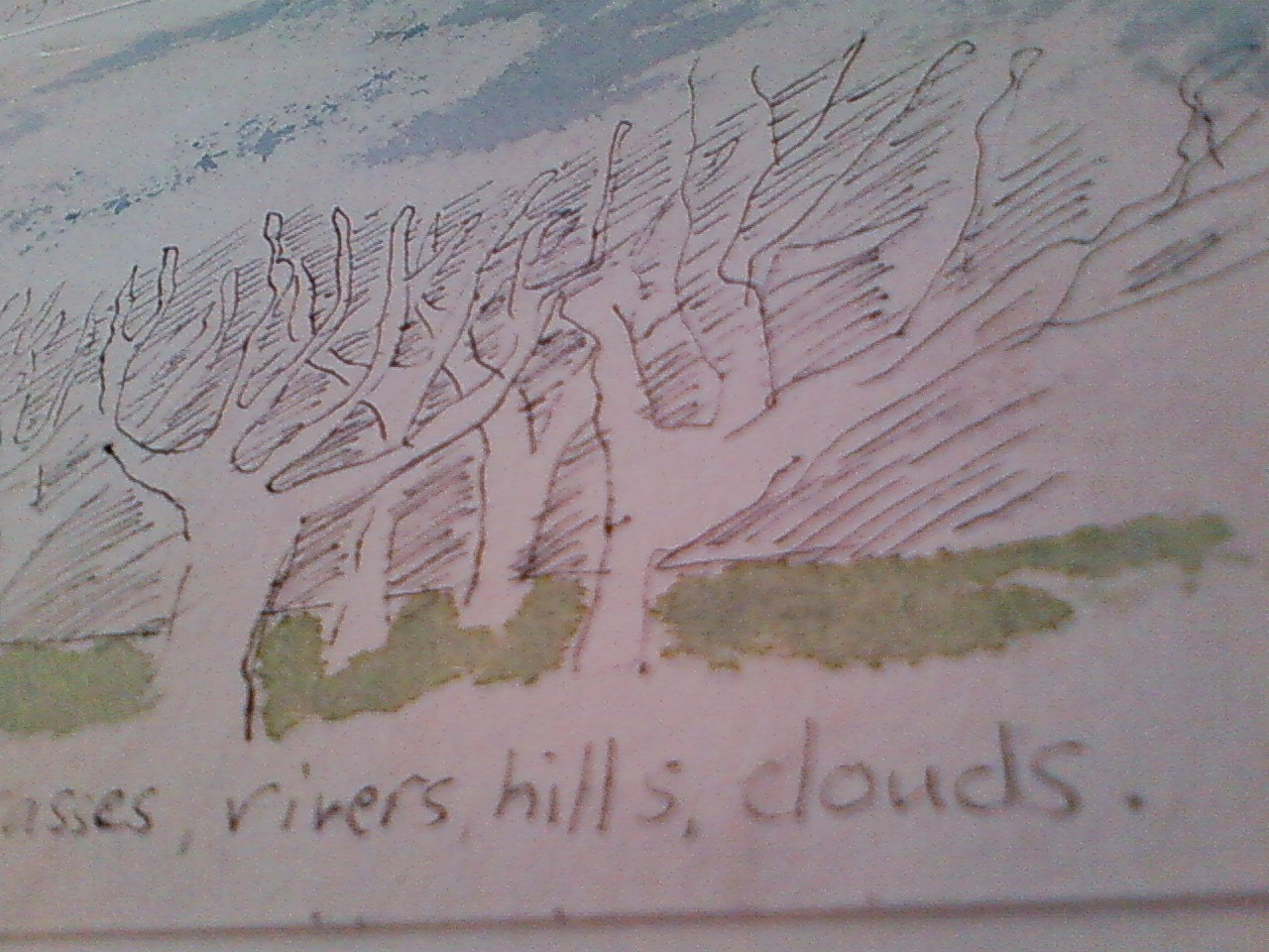 Ink and watercolour landscape drawing on handmade Japanese washi