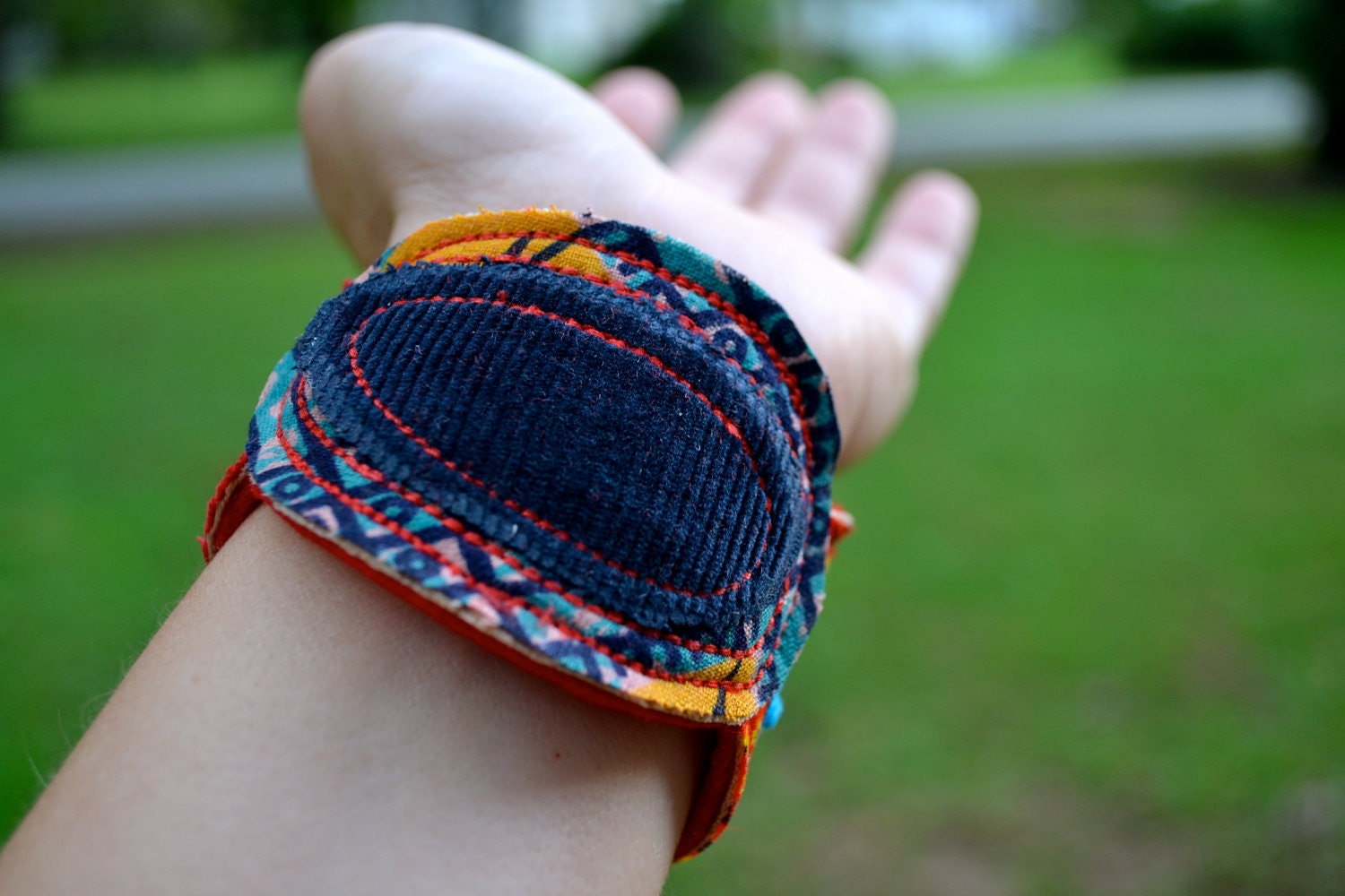 red and turquoise bracelet fiber art cuff - made to order