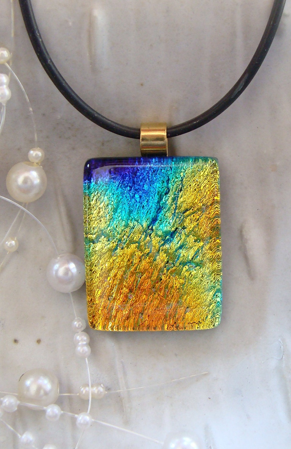 Dichroic Fused Glass Pendant, Yellow, Gold, Cobalt Blue, Aqua, Necklace Included - myfusedglass