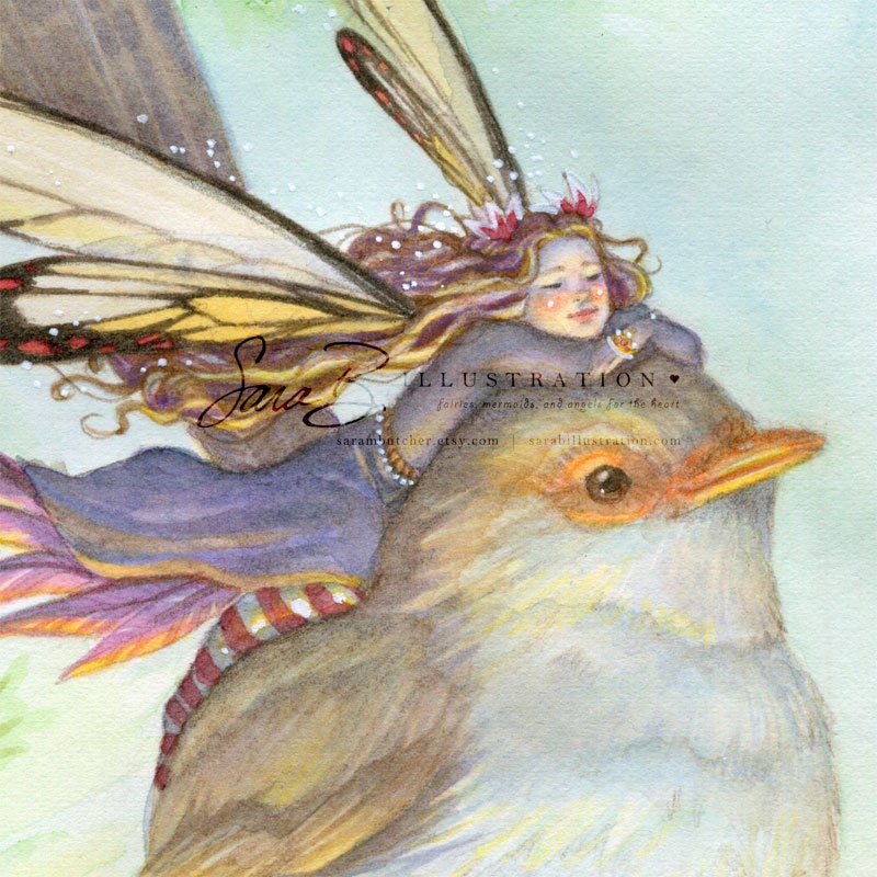 Princess Fairy Limited Print - in Purple Resting on Wren Bird at Dawn
