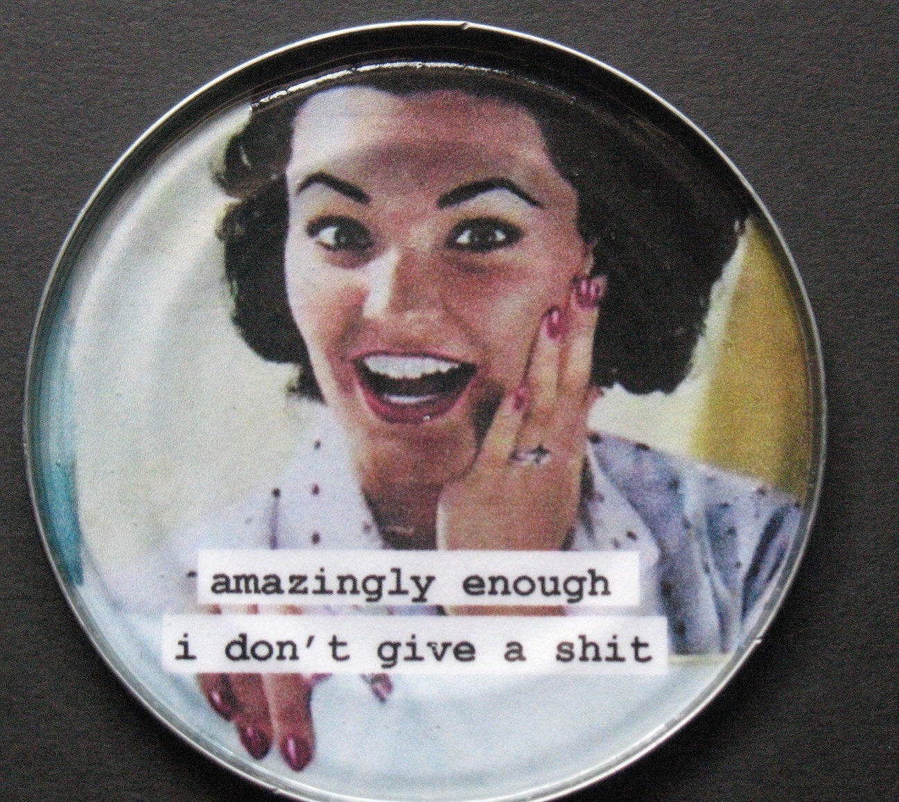 funny magnet. funny housewife, amazingly enough. tin can lid magnet