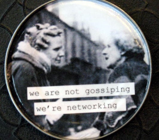 Not Gossiping, Networking. Vintage Image Magnet. Recycled Tin Can Lid