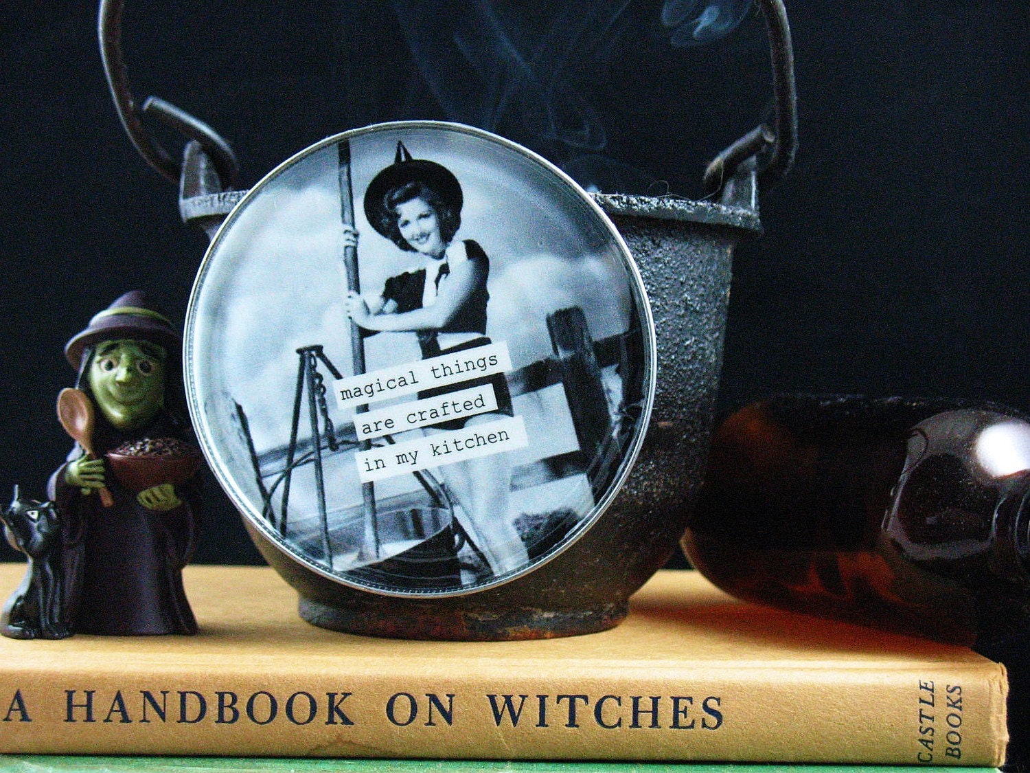Magical Things are crafted in my kitchen Magnet. Retro Witch Upcycled Can Lid
