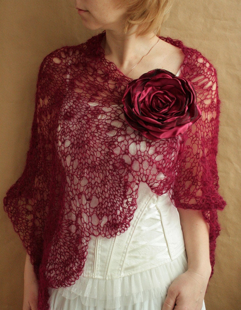 Burgundy SCARF, shawl, wrap, capelet with flower PIN---hand knitted