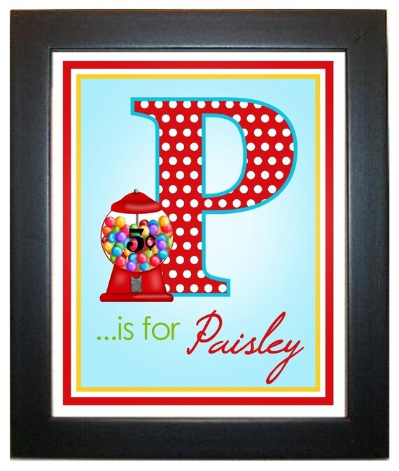 Personalized Wall Prints, 8 x 10, Wall Art, Gumball Machine, Gumballs, Candy, Illustration, Name, Initial, Monogram Il_570xn