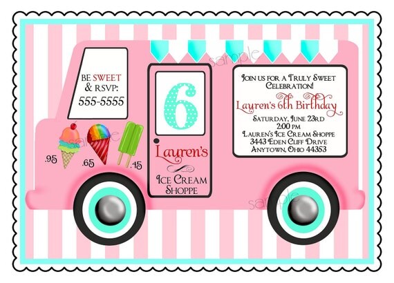 Ice Cream Birthday Party Invitations, Vintage Ice cream Truck, BIrthday Party , Children, Girls Il_570xn