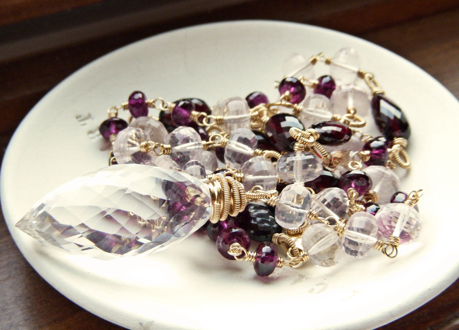 Anneliese - Rhodolite and Red Garnet - Rose and Clear Quartz Opera Length 14k Gold Filled Necklace