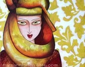 Female Turban Arabic Girl Art Print, Whimsical Giclee, Mixed Media Art Illustration, 8 x 10, Original Art Print, Burgundy Red Yellow Mustard