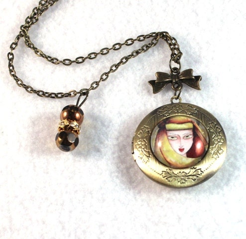 Bronze Locket, Charm Necklace Art Pendant, Girl Art Print, Art Pendant, Arabic Beaded Jewelry, Original Art Print, Brown