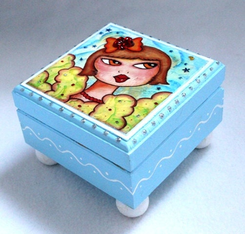 Girl Art Jewelry Box, Painted Wood Wooden Trinket Box, Square Ring Box Earring Holder Original Art Print Blue
