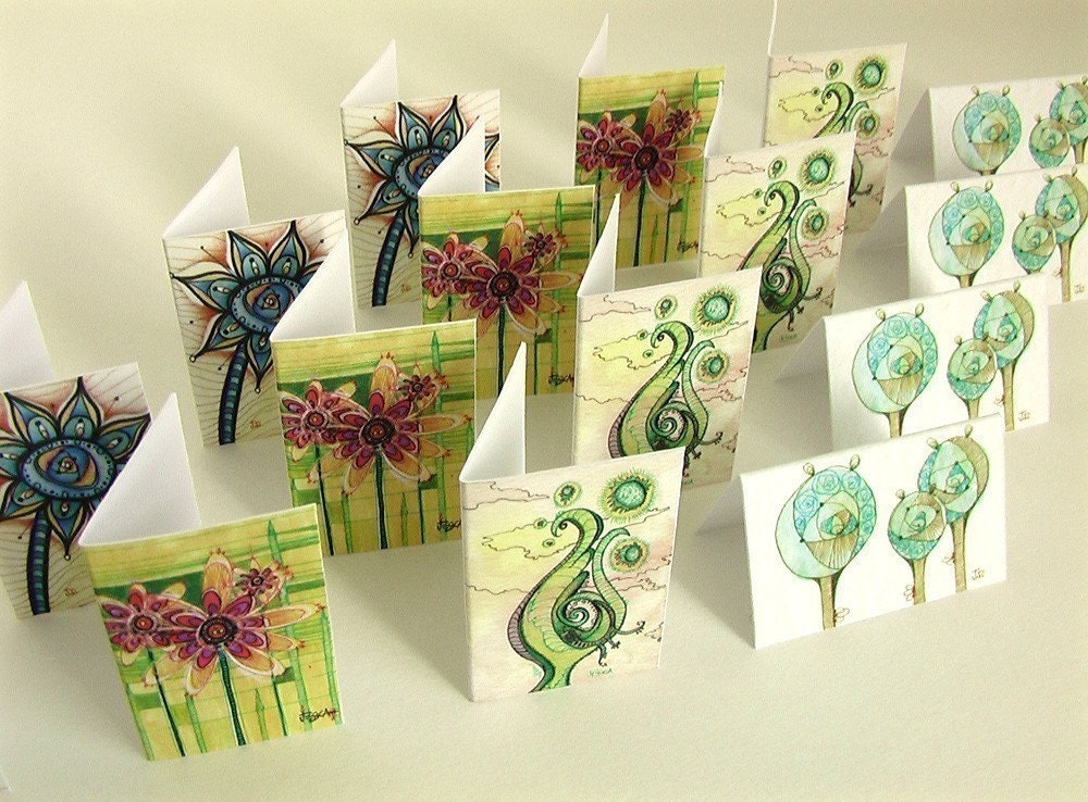 Beautiful Florals no.3 Set of 8 handmade mini greeting cards with envelopes and seals