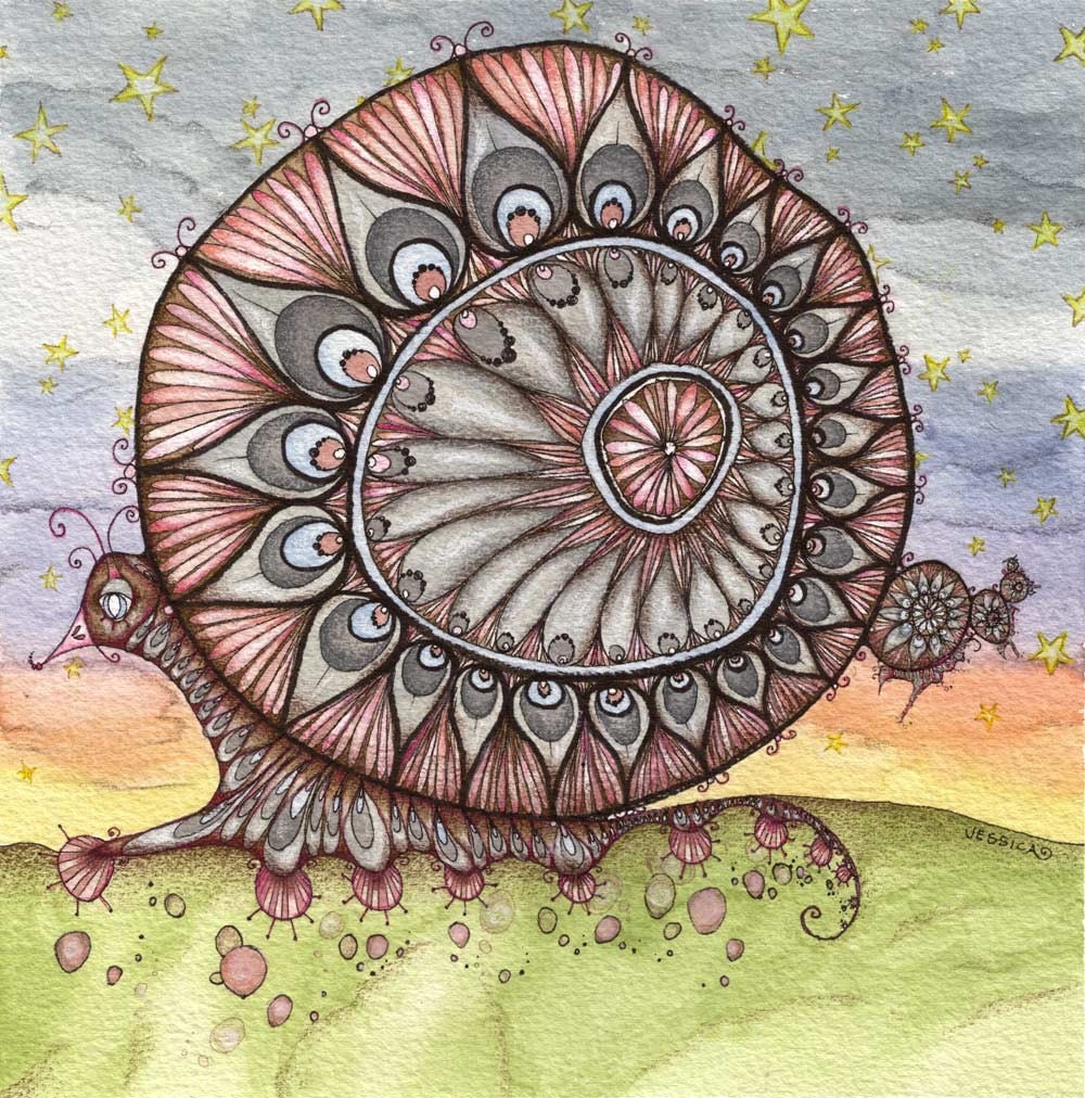The Messenger of Whimsy - ORIGINAL watercolour, ink and coloured pencil illustration - Snail art