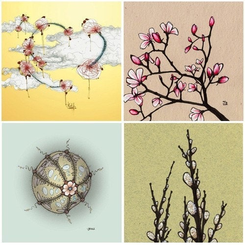 Wall Art for Bedrooms - The Dream Sequence - Set with four 8x8 archival prints - Magnolia, Sea Urchin, Sky, Pussy Willows