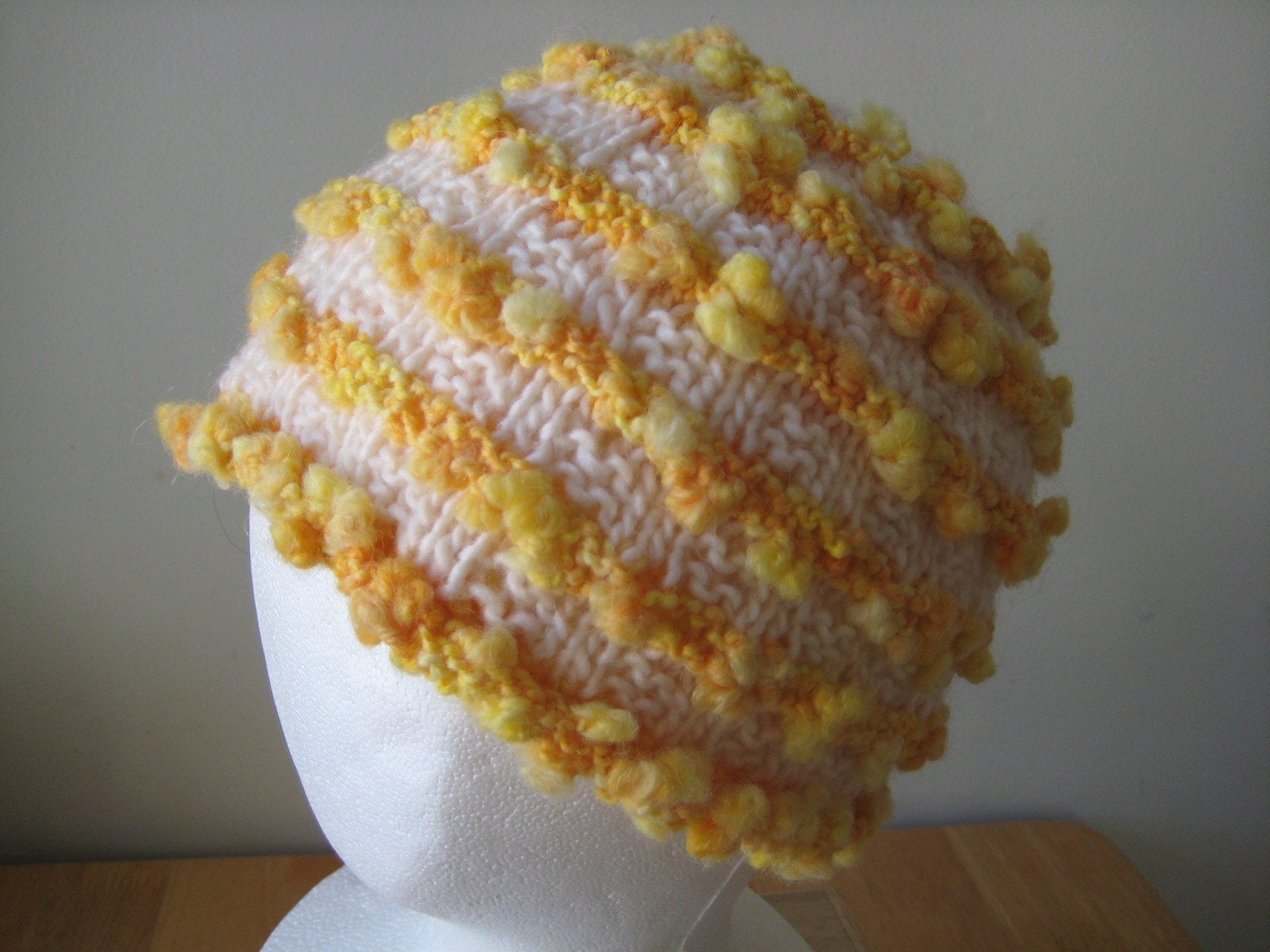 daffodil yellow and white wool hand knit hat - beaconknits
