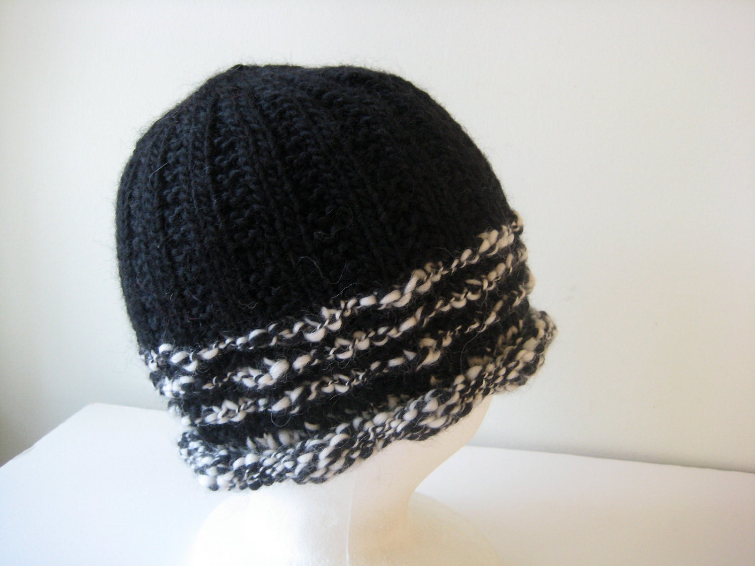 hand knit black and white wool and alpaca hat - beaconknits