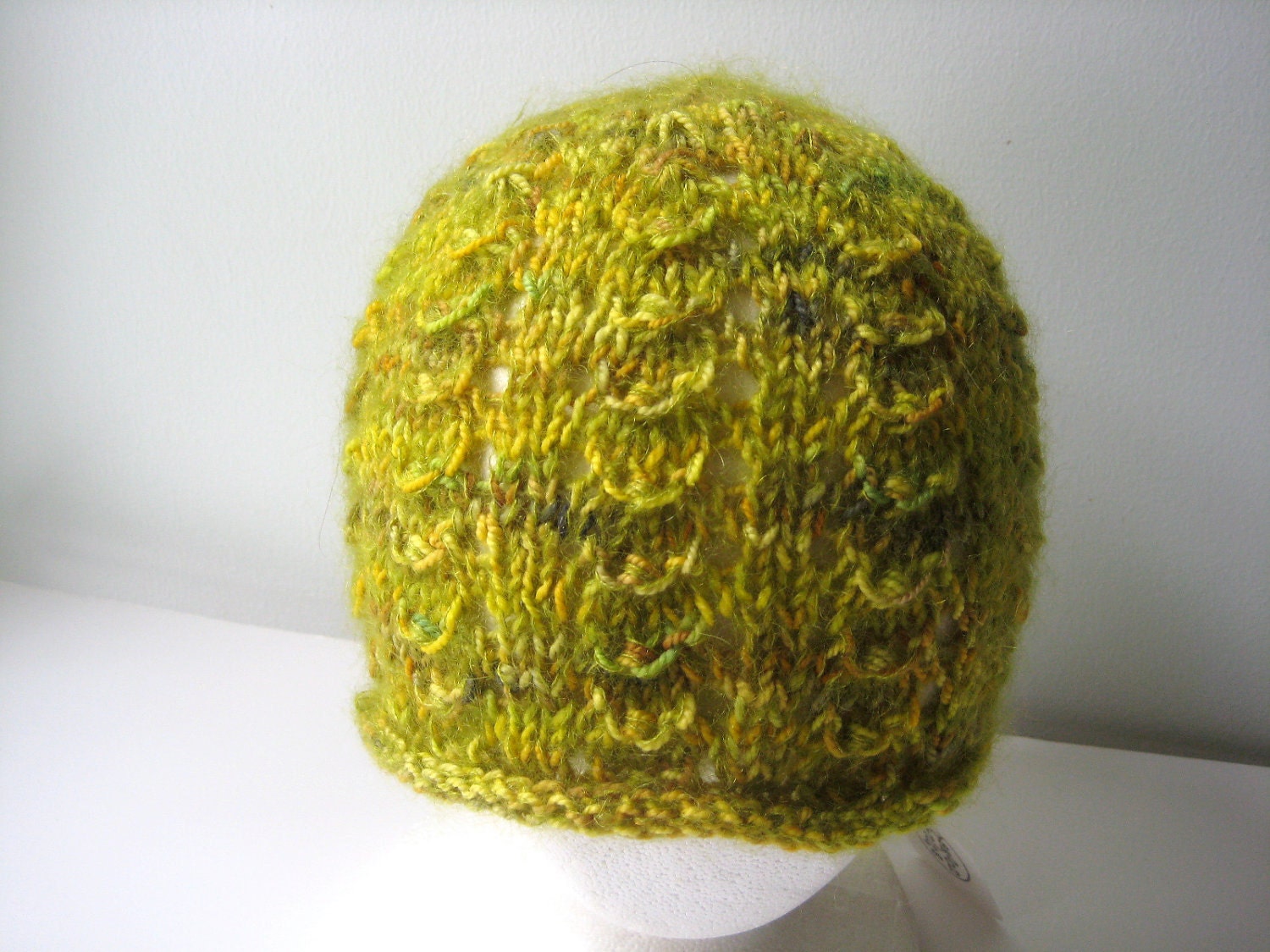 spring green lace wool and mohair knit hat