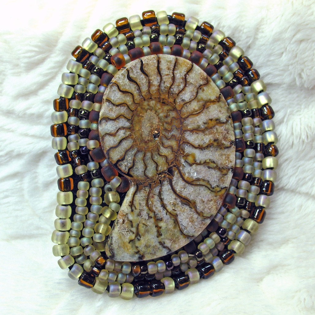 Prehistoric Fossil Ammonite Bead Embroidered Brooch